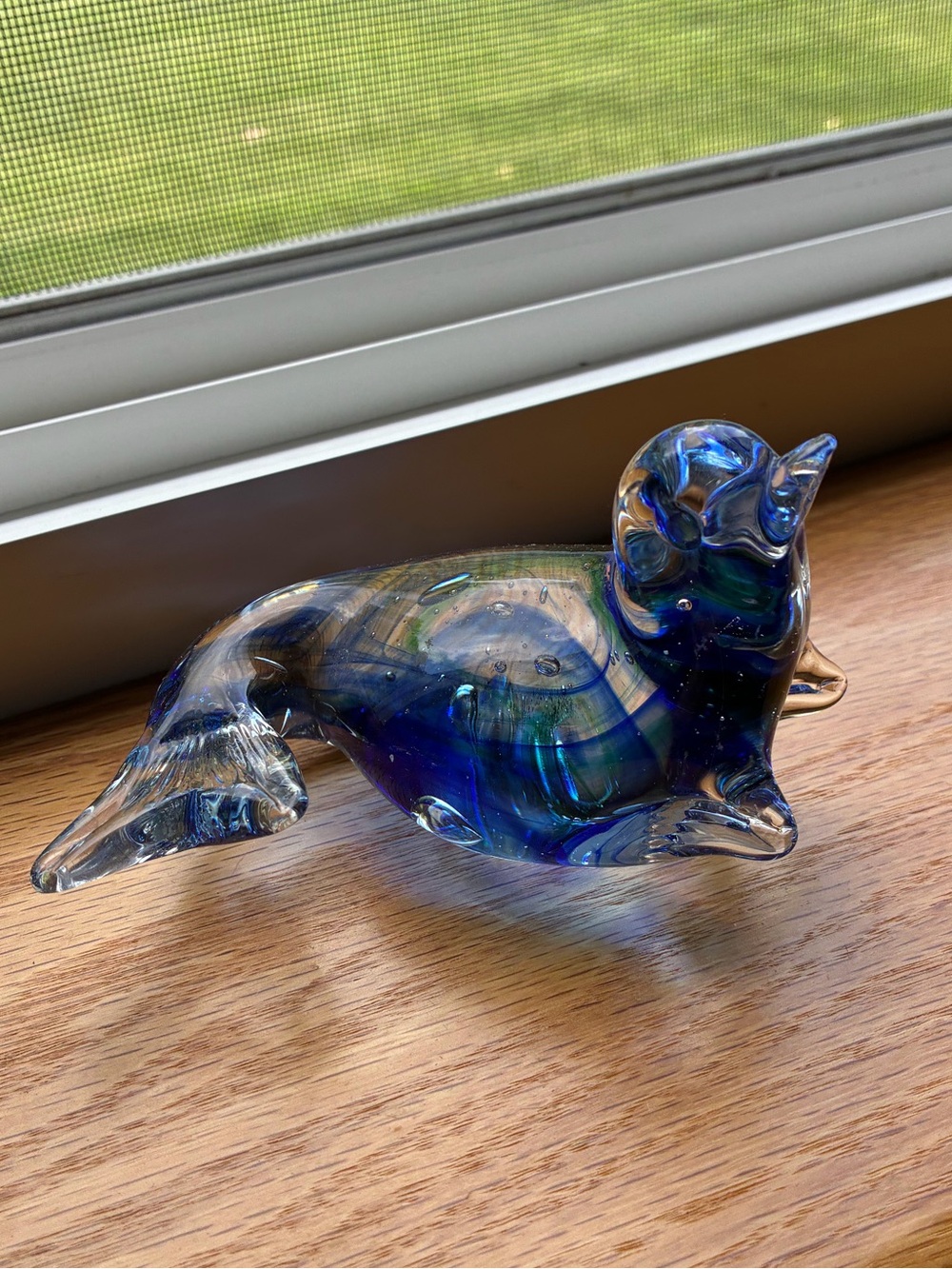 Art Glass Seal Figurine Paperweight Blue and Clear